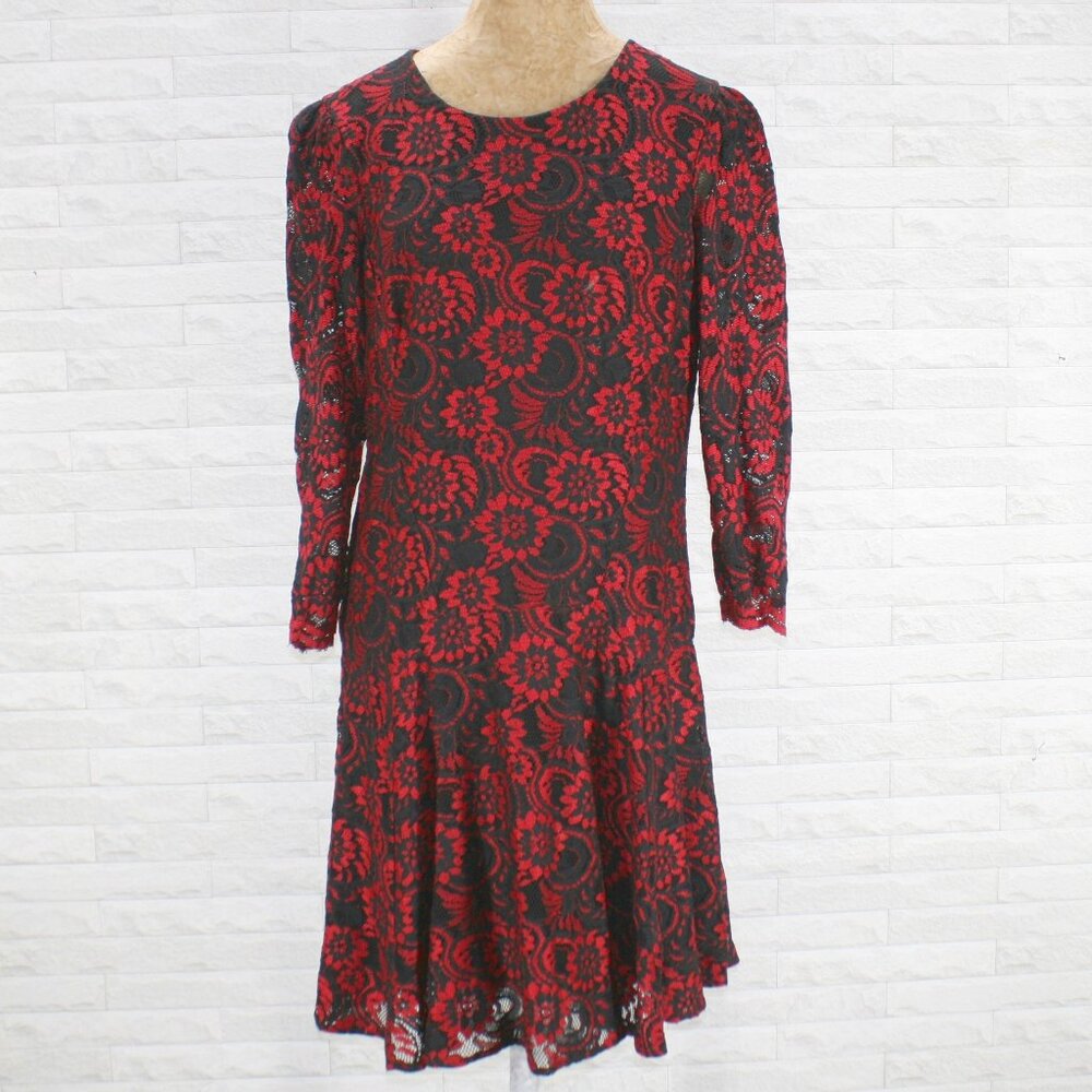 TOMMY HILFIGER Dress Lace Overlay Floral Midi Fit Flare Red Black Classic 12